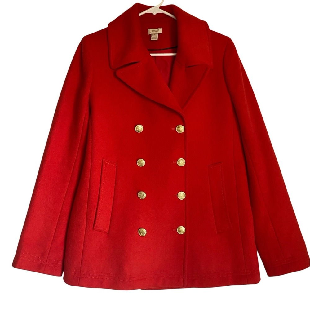 J.Crew Wool Peacoat Double Breast Sz 10 Red Gold Buttons Classic Preppy Academia